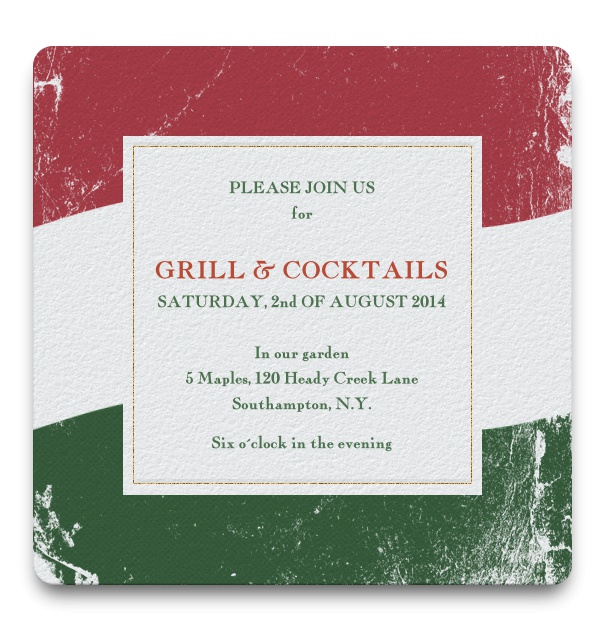 Online Einladungskarte zum Grillen und zu Cocktails mit ungarischer Flagge als Hintergrund und weißem Textfeld.
