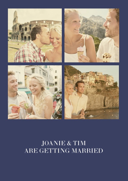 Online Hochzeitseinladungskarte mit neun Fotofeldern und Text auf der ersten von vier gestalteten Seiten. Marine.