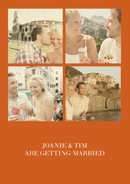 Online Hochzeitseinladungskarte mit neun Fotofeldern und Text auf der ersten von vier gestalteten Seiten. Orange.