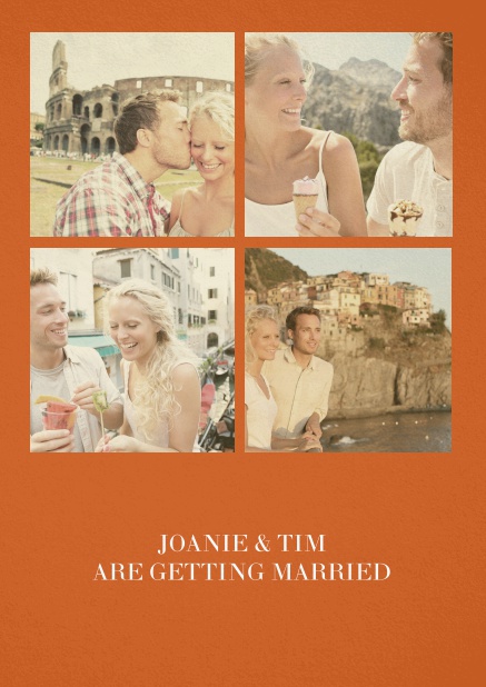 Hochzeitseinladungskarte mit neun Fotofeldern und Text auf der ersten von vier gestalteten Seiten. Orange.