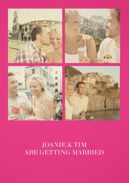 Hochzeitseinladungskarte mit neun Fotofeldern und Text auf der ersten von vier gestalteten Seiten. Rosa.