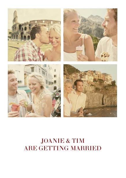 Online Hochzeitseinladungskarte mit neun Fotofeldern und Text auf der ersten von vier gestalteten Seiten. Weiss.