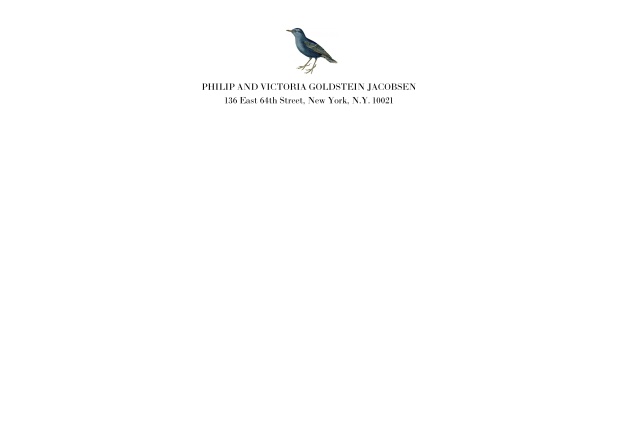 White online correspondence card with bird and text.
