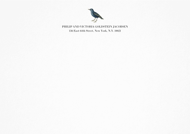White correspondence card with bird and text.