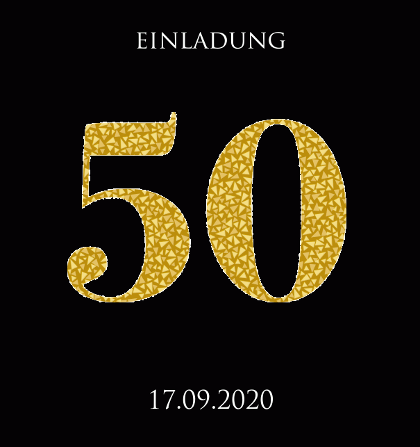 Große Einladungskarte zum Jahrestag großer 50 aus goldenen animierenden Mosaiken. Schwarz.