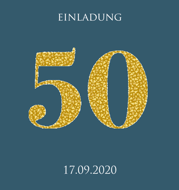 Große Einladungskarte zum Jahrestag großer 50 aus goldenen animierenden Mosaiken. Blau.