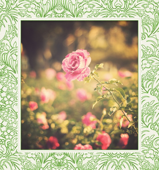Online Foto Geburtsanzeige in Hochkant mit grünem Blumenrahmen.