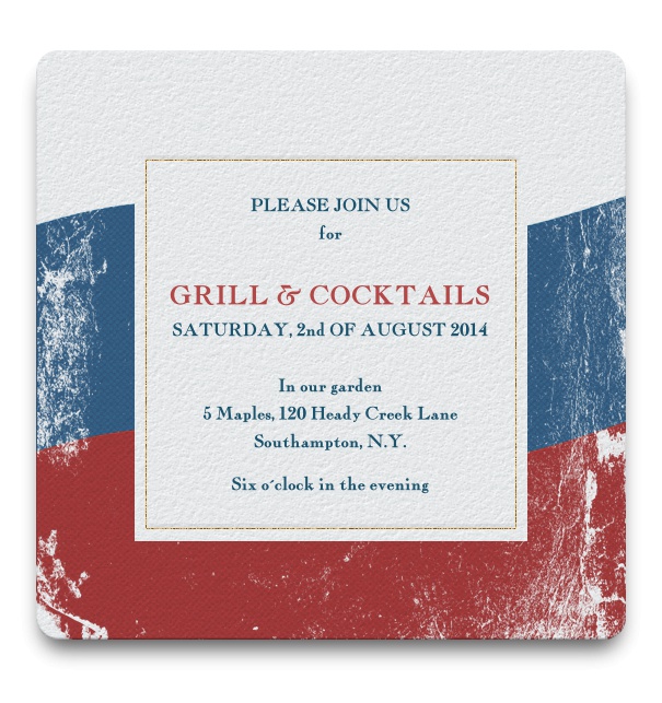 Square russian flag colors invitation with a golden frame around text.