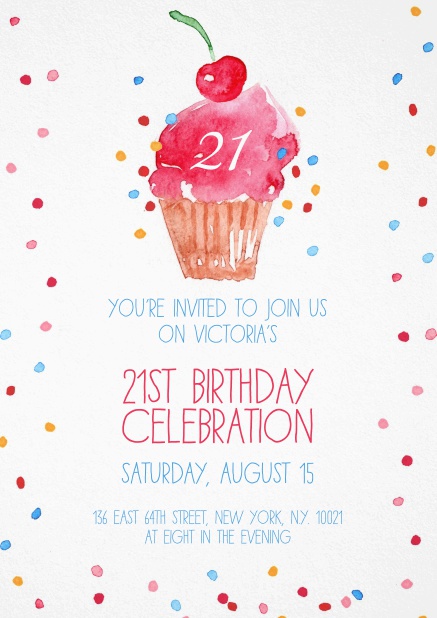 Invitation with cup cake and confetti for 21st birthday.