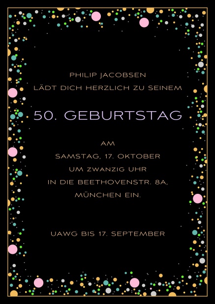 Onlie Einladungskarte zum 50. Geburtstag mit bunten kugeln auf anpassbaren farbigem Papier. Schwarz.