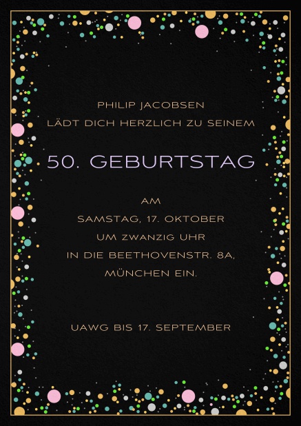 Geburtstagsspass - Schwarz - Geburtstagseinladungen Einladungskarte zum 50. Geburtstag mit bunten bällchen auf Papierfarbe Ihrer Wahl. Schwarz.
