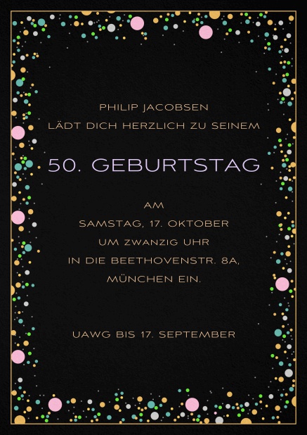 Einladungskarte zum 50. Geburtstag mit bunten bällchen auf Papierfarbe Ihrer Wahl. Schwarz.