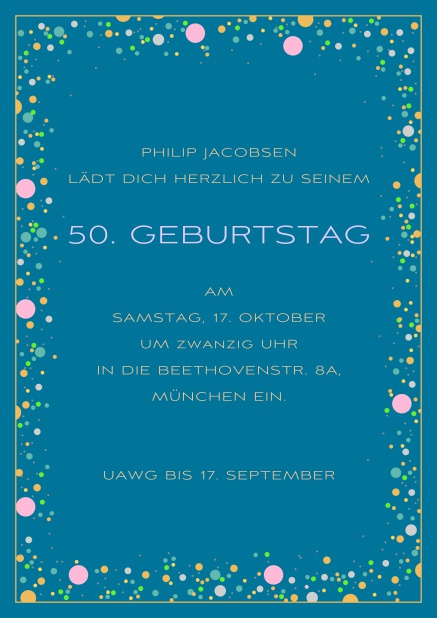 Onlie Einladungskarte zum 50. Geburtstag mit bunten kugeln auf anpassbaren farbigem Papier. Blau.