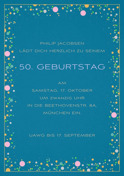 Einladungskarte zum 50. Geburtstag mit bunten bällchen auf Papierfarbe Ihrer Wahl. Blau.