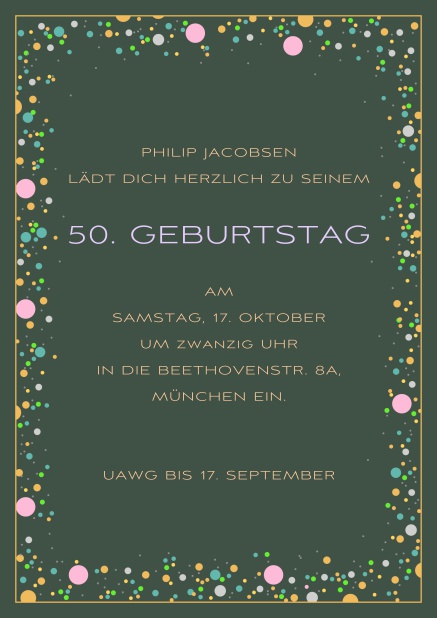 Onlie Einladungskarte zum 50. Geburtstag mit bunten kugeln auf anpassbaren farbigem Papier. Grün.