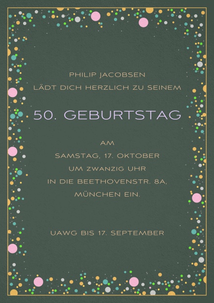 Einladungskarte zum 50. Geburtstag mit bunten bällchen auf Papierfarbe Ihrer Wahl.