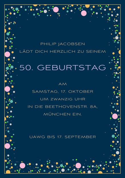 Onlie Einladungskarte zum 50. Geburtstag mit bunten kugeln auf anpassbaren farbigem Papier. Marine.