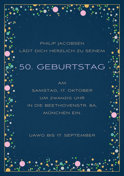 Einladungskarte zum 50. Geburtstag mit bunten bällchen auf Papierfarbe Ihrer Wahl. Marine.