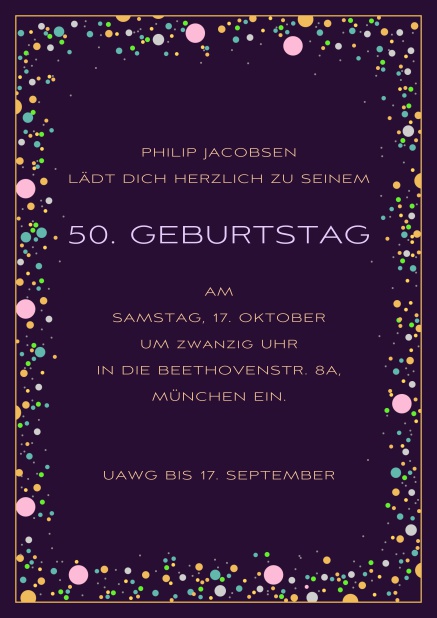 Onlie Einladungskarte zum 50. Geburtstag mit bunten kugeln auf anpassbaren farbigem Papier. Lila.