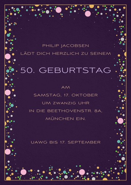 Einladungskarte zum 50. Geburtstag mit bunten bällchen auf Papierfarbe Ihrer Wahl. Lila.