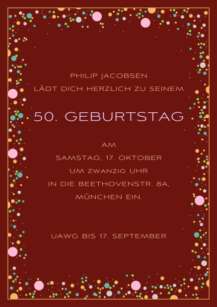 Onlie Einladungskarte zum 50. Geburtstag mit bunten kugeln auf anpassbaren farbigem Papier. Rot.