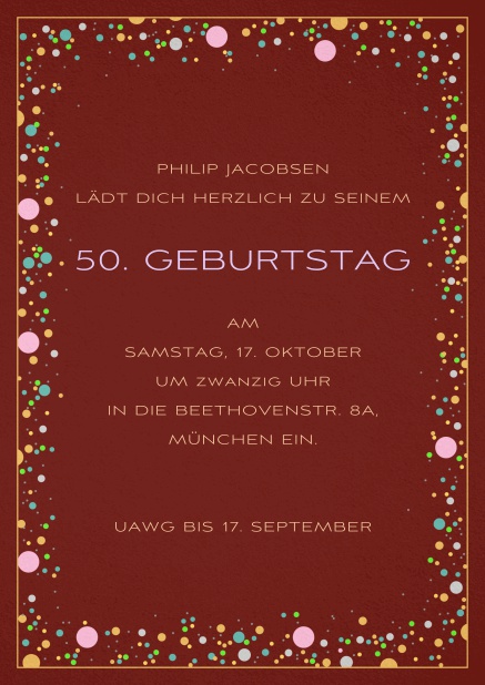 Einladungskarte zum 50. Geburtstag mit bunten bällchen auf Papierfarbe Ihrer Wahl. Rot.