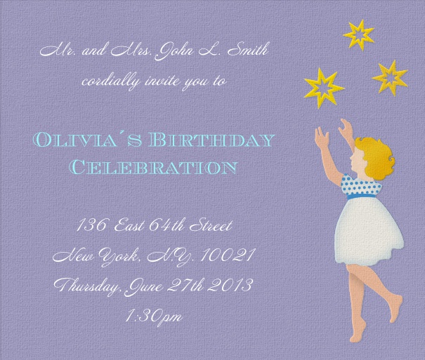 Purple Kids' Birthday Party Invitation design with Child catching Stars, the little prince
