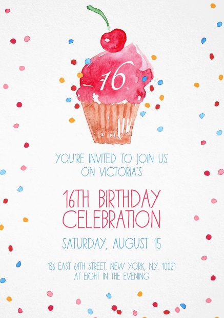 Invitation with cup cake and confetti for 16th birthday.