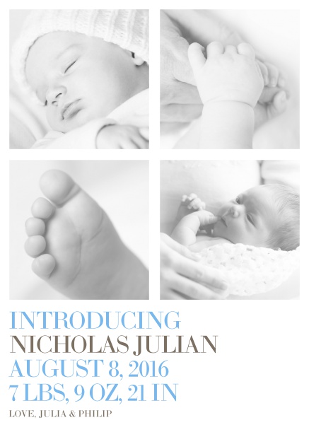 Online Fotokarte für Geburtsanzeige mit vier veränderbaren Fotos und editierbarem Textfeld unten. Blau.