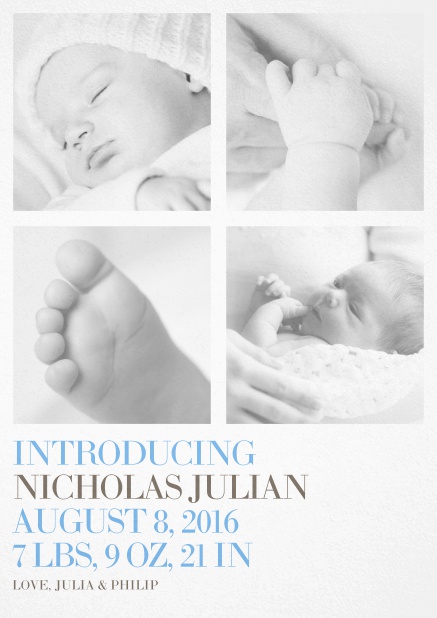 Fotokarte für Geburtsanzeige mit vier veränderbaren Fotos und editierbarem Textfeld unten. Blau.