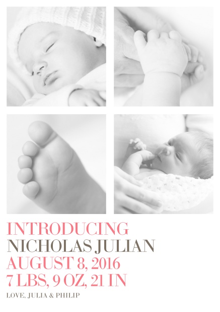 Online Fotokarte für Geburtsanzeige mit vier veränderbaren Fotos und editierbarem Textfeld unten. Rosa.