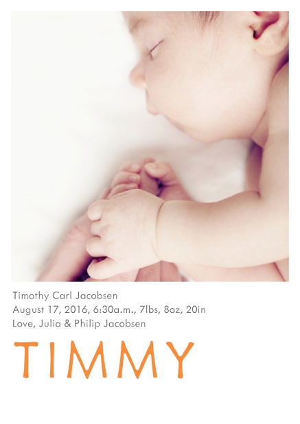 Online Fotokarte für Geburtsanzeige mit Fotofeld und veränderbarem Babynamen unten. Orange.