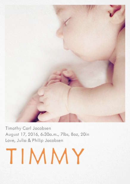 Fotokarte für Geburtsanzeige mit Fotofeld und veränderbarem Babynamen unten. Orange.