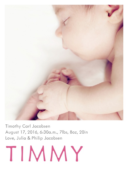 Online Fotokarte für Geburtsanzeige mit Fotofeld und veränderbarem Babynamen unten. Rosa.