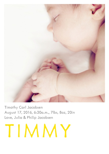 Online Fotokarte für Geburtsanzeige mit Fotofeld und veränderbarem Babynamen unten. Gelb.