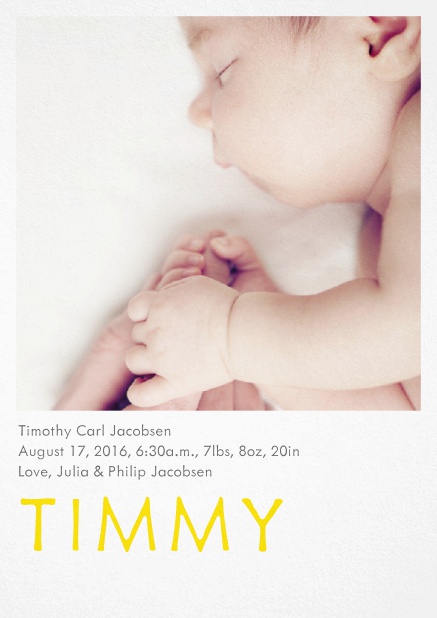 Fotokarte für Geburtsanzeige mit Fotofeld und veränderbarem Babynamen unten. Gelb.