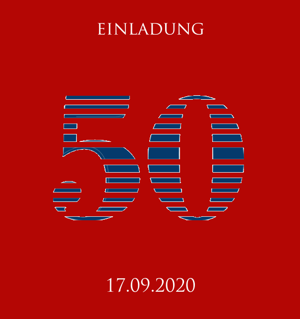 Einladungskarte zum 50. Jahrestag mit animierter Zahl 50 in einem coolen Blauton. Rot.