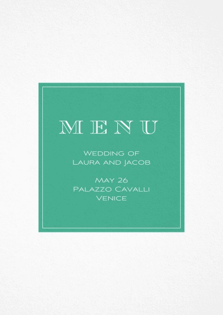 Menu card with greem box on front.