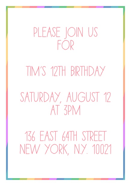 Online Children's birthday invitation card with colorful rainbow frame.