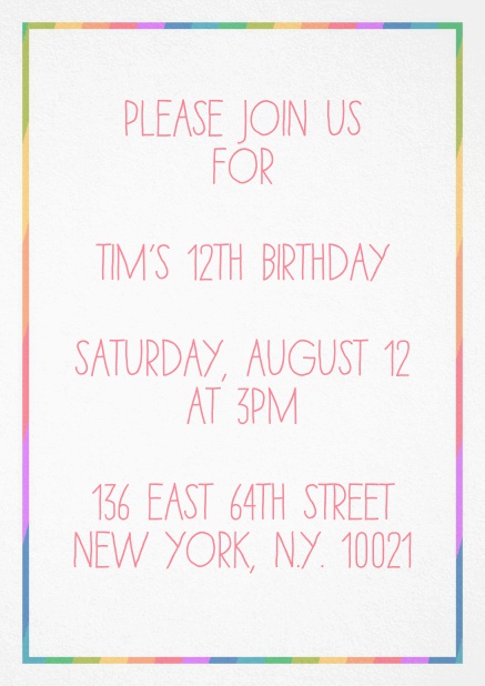 Children's birthday invitation card with colorful rainbow frame.