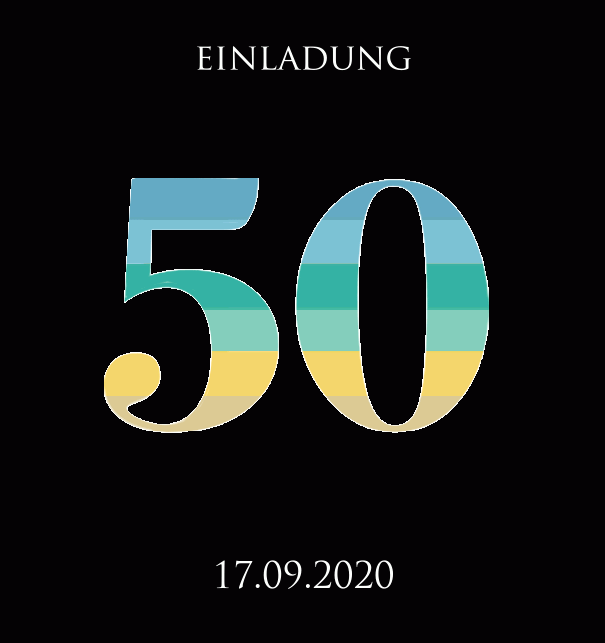 Einladungskarte zum 50. Jahrestag mit animierter Zahl 50 in verschiedenen Grün-, Blau- und Gelbtönen. Schwarz.