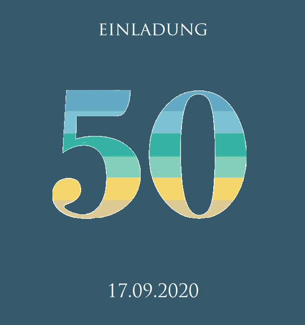 Einladungskarte zum 50. Jahrestag mit animierter Zahl 50 in verschiedenen Grün-, Blau- und Gelbtönen. Blau.