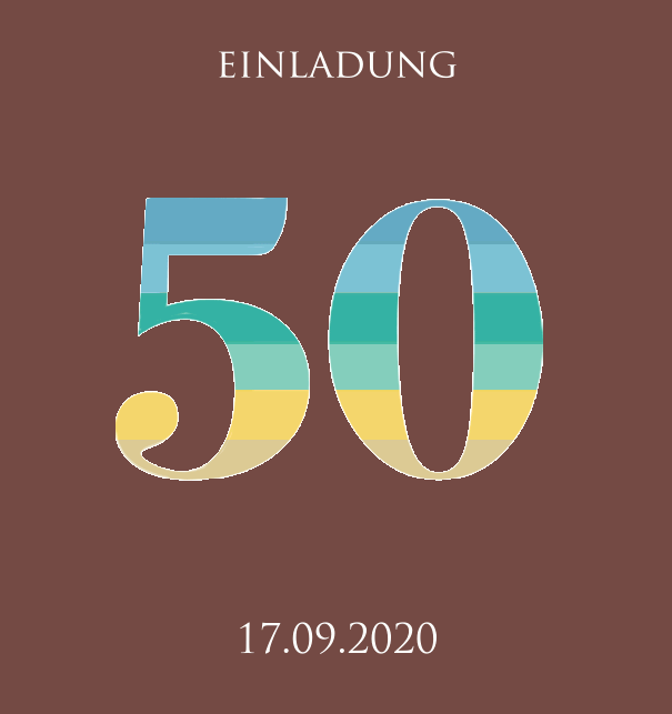 Einladungskarte zum 50. Jahrestag mit animierter Zahl 50 in verschiedenen Grün-, Blau- und Gelbtönen. Gold.