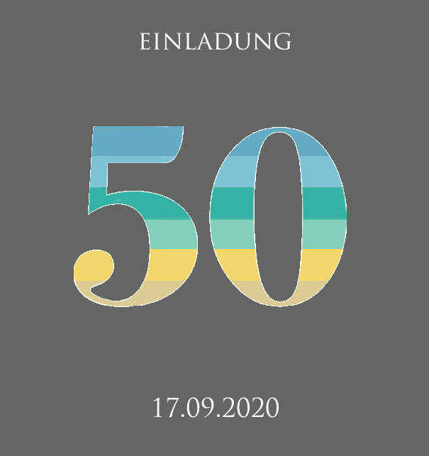 Einladungskarte zum 50. Jahrestag mit animierter Zahl 50 in verschiedenen Grün-, Blau- und Gelbtönen. Grau.