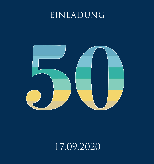 Einladungskarte zum 50. Jahrestag mit animierter Zahl 50 in verschiedenen Grün-, Blau- und Gelbtönen. Marine.