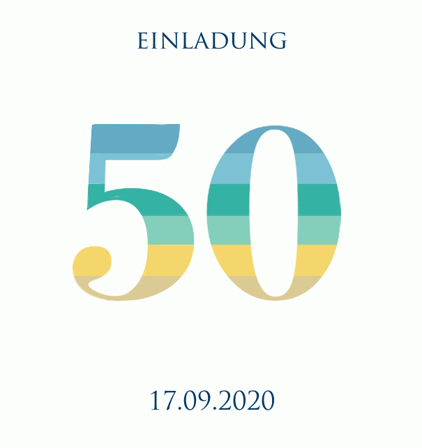 Einladungskarte zum 50. Jahrestag mit animierter Zahl 50 in verschiedenen Grün-, Blau- und Gelbtönen. Weiss.
