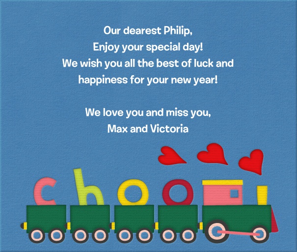 Blue Children's Card with Toy Train and Hearts.