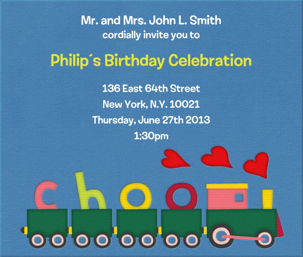 Blue Kids' Birthday Party Invitation Template with Toy Train.