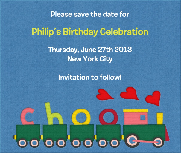 Blue Kids' Birthday Party Save the Date card with Train and Customizable Template.