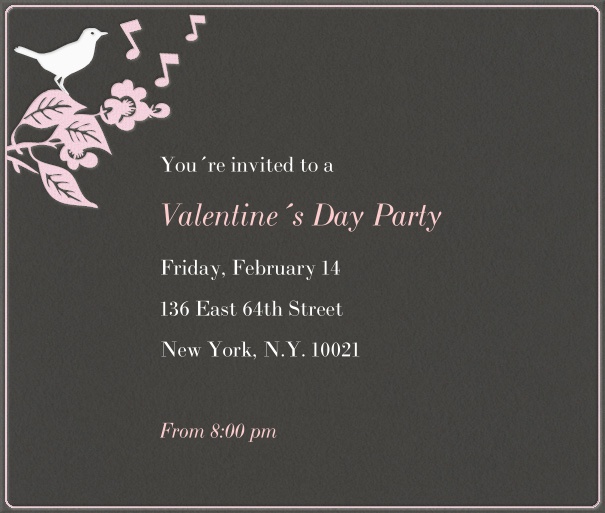 Braune Online Valentins Einladungskarte mit rosa Zweig und weißem, singenden Vogel oben mittig und editierbarem Textfeld.